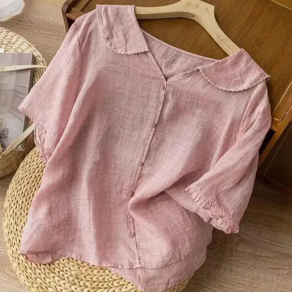 Tiara Linen Blouse – Scalloped Trim & Puff Sleeves