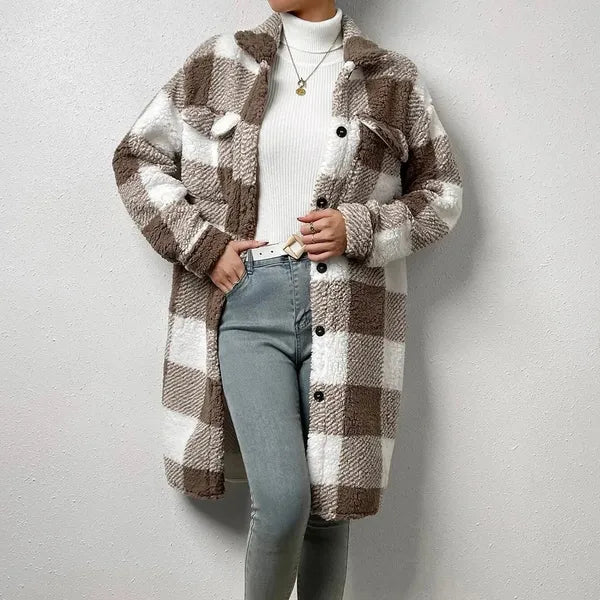 Marla Checkered Jacket – Oversized Faux Fur Plaid Knit