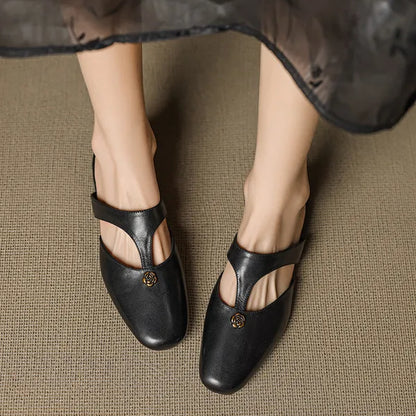 Roslyn Genuine Leather T-Strap Mules