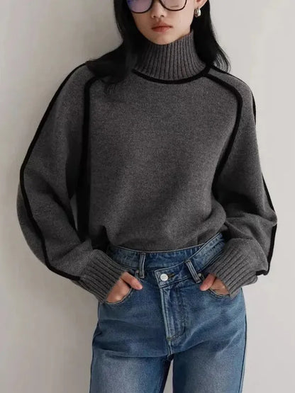 Elano Turtleneck Sweater – Contrast Seam Ribbed Knit