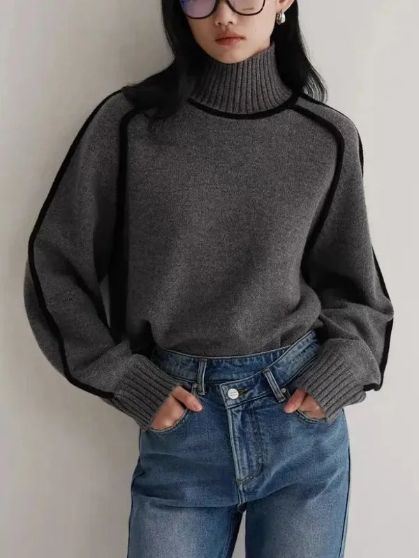 Elano Turtleneck Sweater – Contrast Seam Ribbed Knit