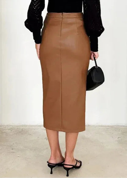 Maeve Premium Leather Midi Skirt with Front Slit
