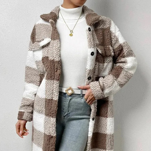 Marla Checkered Jacket – Oversized Faux Fur Plaid Knit