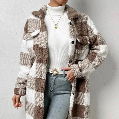Marla Checkered Jacket – Oversized Faux Fur Plaid Knit