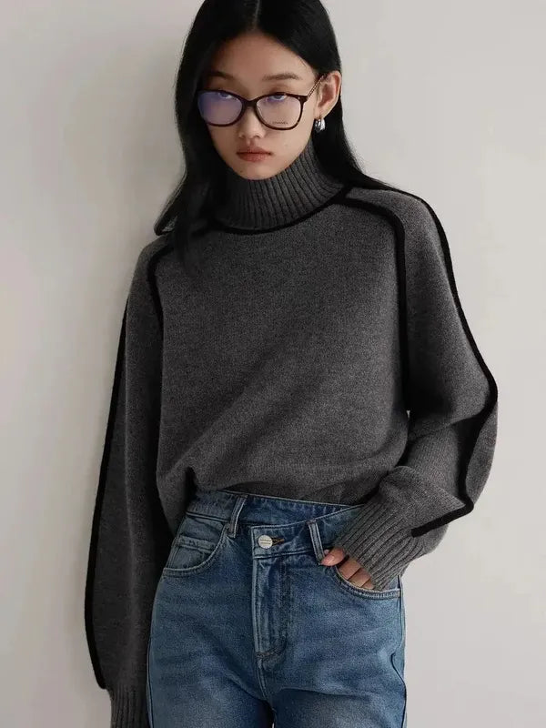 Elano Turtleneck Sweater – Contrast Seam Ribbed Knit