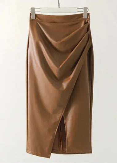 Maeve Premium Leather Midi Skirt with Front Slit