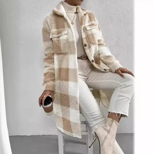 Marla Checkered Jacket – Oversized Faux Fur Plaid Knit