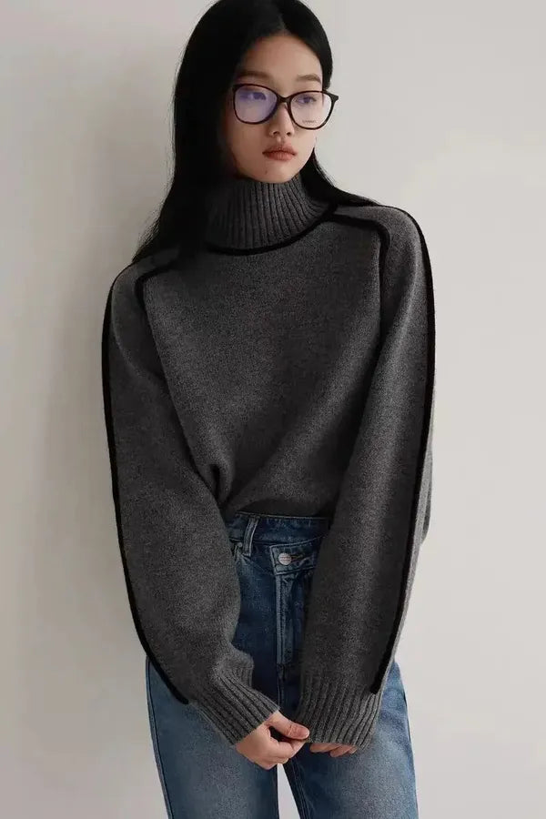 Elano Turtleneck Sweater – Contrast Seam Ribbed Knit