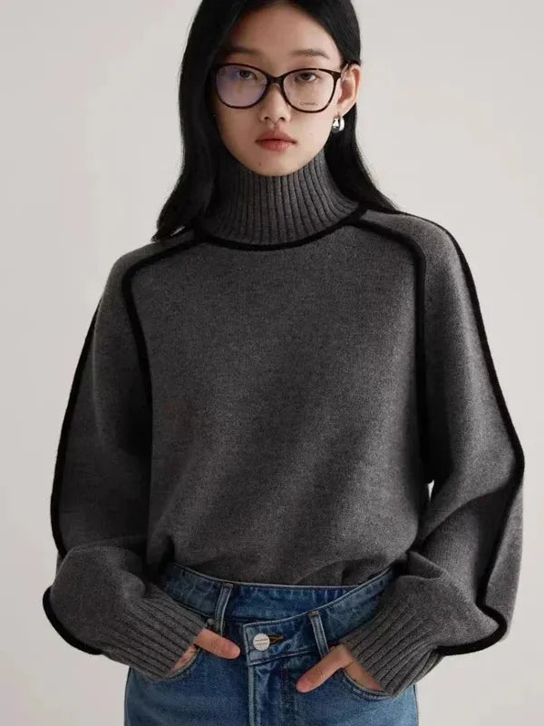 Elano Turtleneck Sweater – Contrast Seam Ribbed Knit