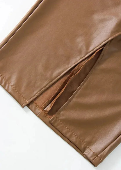 Maeve Premium Leather Midi Skirt with Front Slit