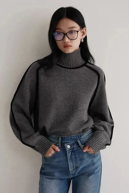 Elano Turtleneck Sweater – Contrast Seam Ribbed Knit