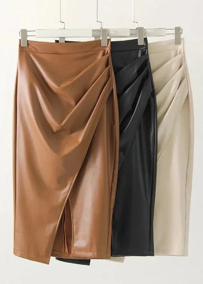 Maeve Premium Leather Midi Skirt with Front Slit