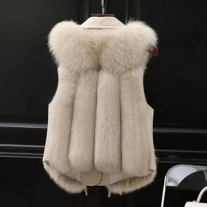 Lucia Faux Fur Vest – Leather Trim & Lapels