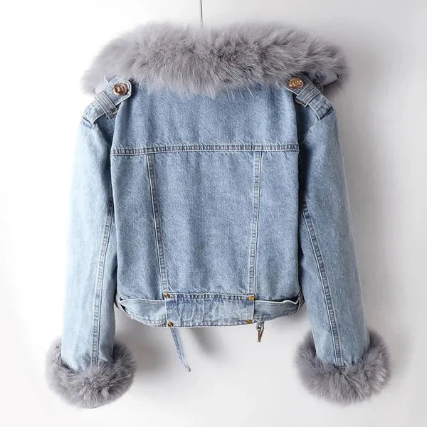 Ava Denim Jacket – Faux Fur Lined, Removable Collar