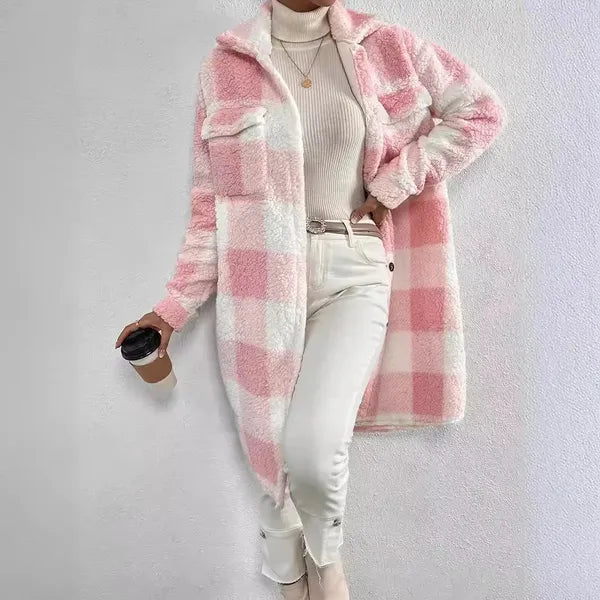 Marla Checkered Jacket – Oversized Faux Fur Plaid Knit
