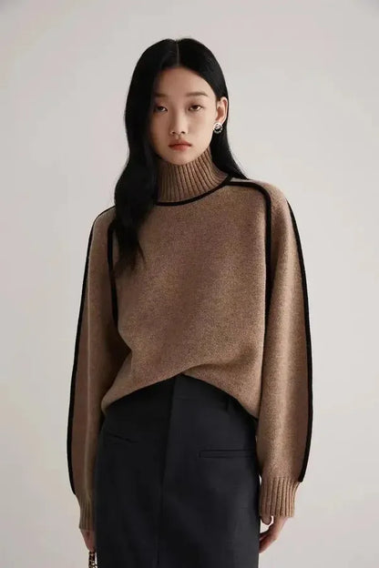 Elano Turtleneck Sweater – Contrast Seam Ribbed Knit