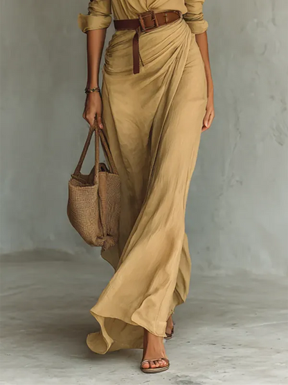 Savina Lapel Long Sleeve Belted Maxi Dress