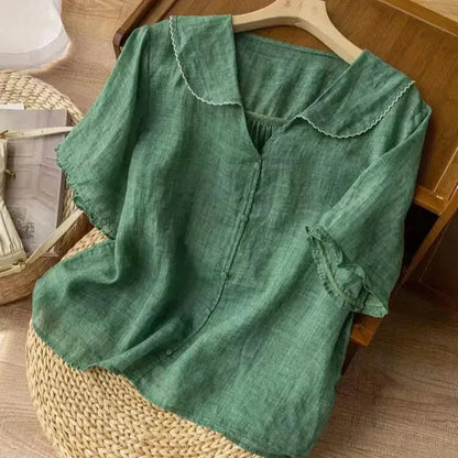 Tiara Linen Blouse – Scalloped Trim & Puff Sleeves