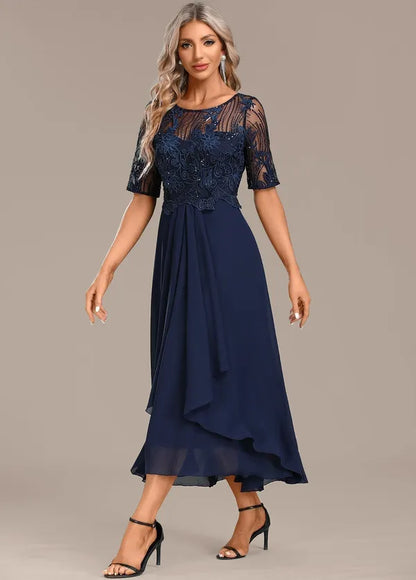 Adeline Navy Lace Short Sleeve Dress – Formal & Wedding
