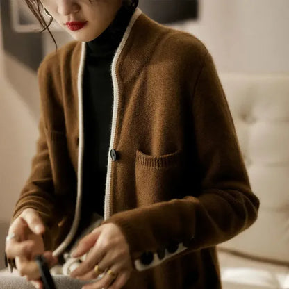 Anne Cardigan – Wool Blend Wrap with Contrast Details
