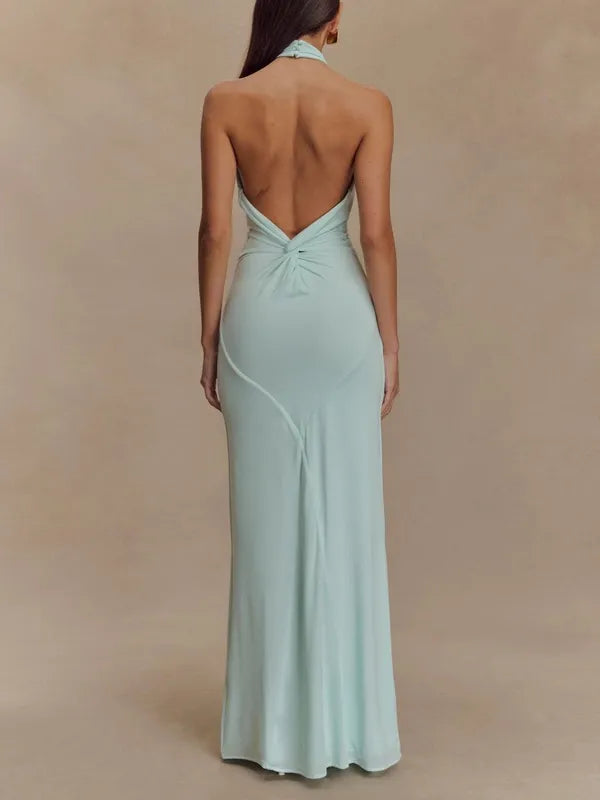 Solana Maxi Halter Dress – Ruched Open-Back Formal Gown