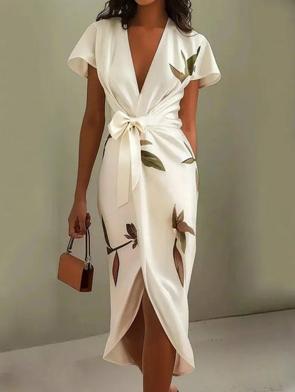 Callista Wrap Dress With Tie Belt – Leaf Print