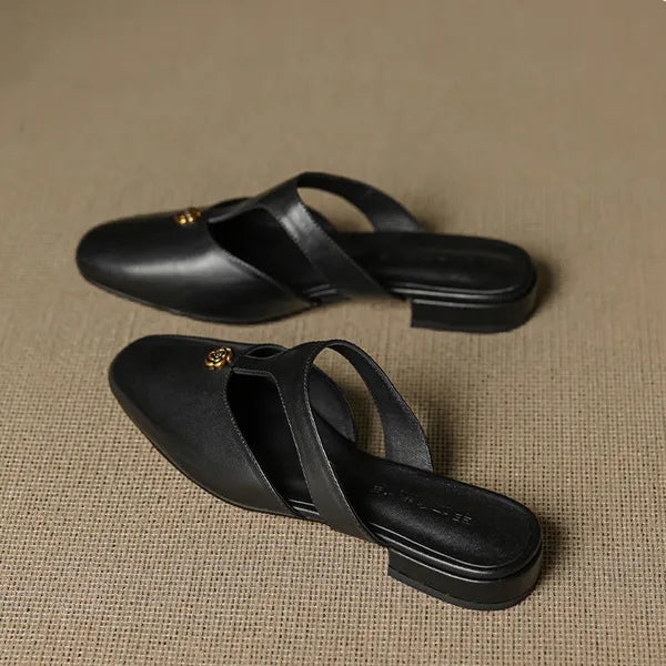 Roslyn Genuine Leather T-Strap Mules