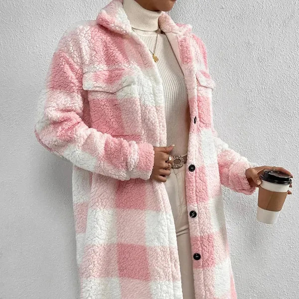 Marla Checkered Jacket – Oversized Faux Fur Plaid Knit