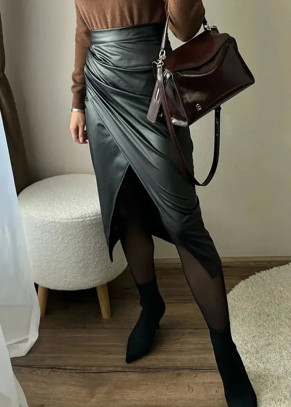Maeve Premium Leather Midi Skirt with Front Slit