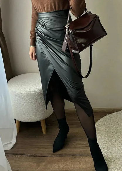 Maeve Premium Leather Midi Skirt with Front Slit