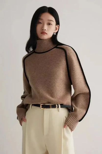 Elano Turtleneck Sweater – Contrast Seam Ribbed Knit