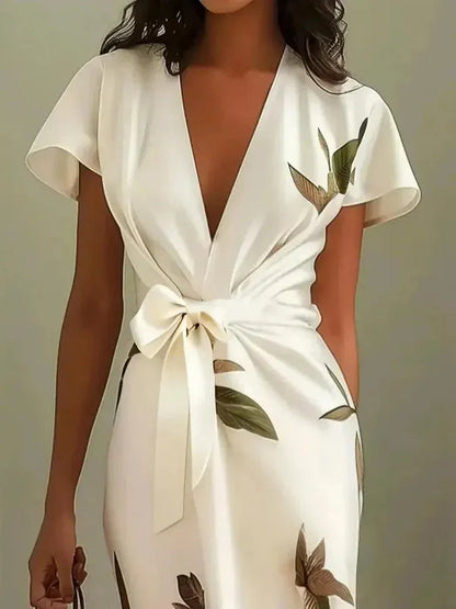 Callista Wrap Dress With Tie Belt – Leaf Print