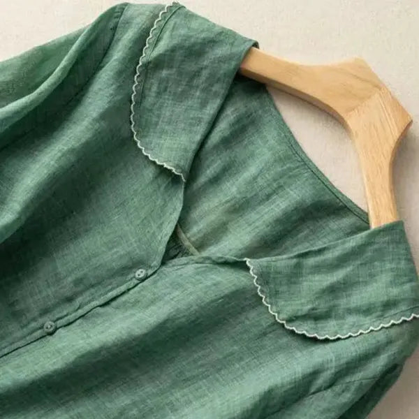 Tiara Linen Blouse – Scalloped Trim & Puff Sleeves
