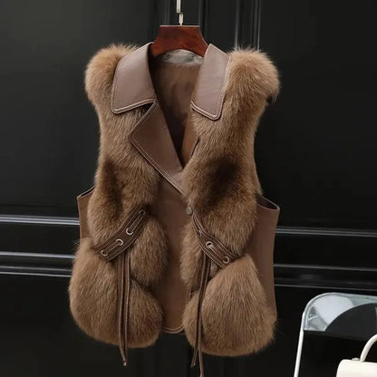 Lucia Faux Fur Vest – Leather Trim & Lapels