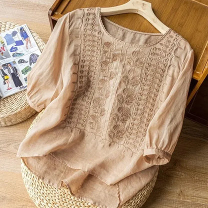 Elise Blouse – Embroidered Flowy Top with Cuffed Sleeves