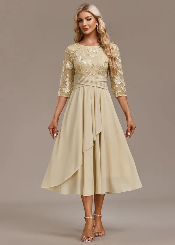 Bellamy Floral Embroidered 3/4 Sleeve Dress – Champagne