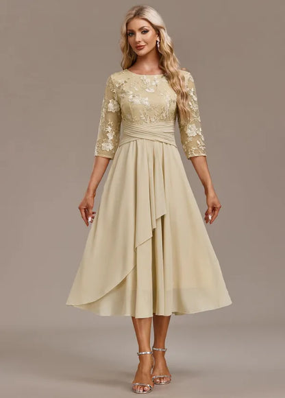 Bellamy Floral Embroidered 3/4 Sleeve Dress – Champagne