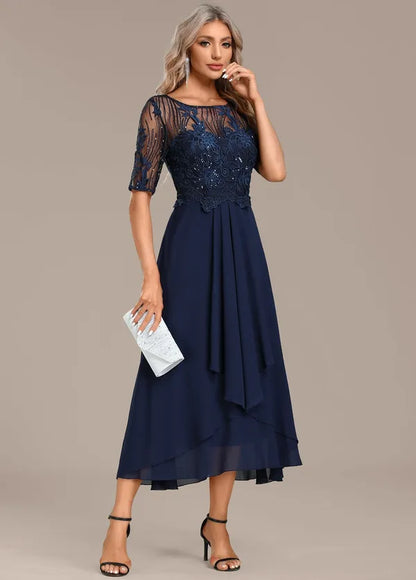 Adeline Navy Lace Short Sleeve Dress – Formal & Wedding