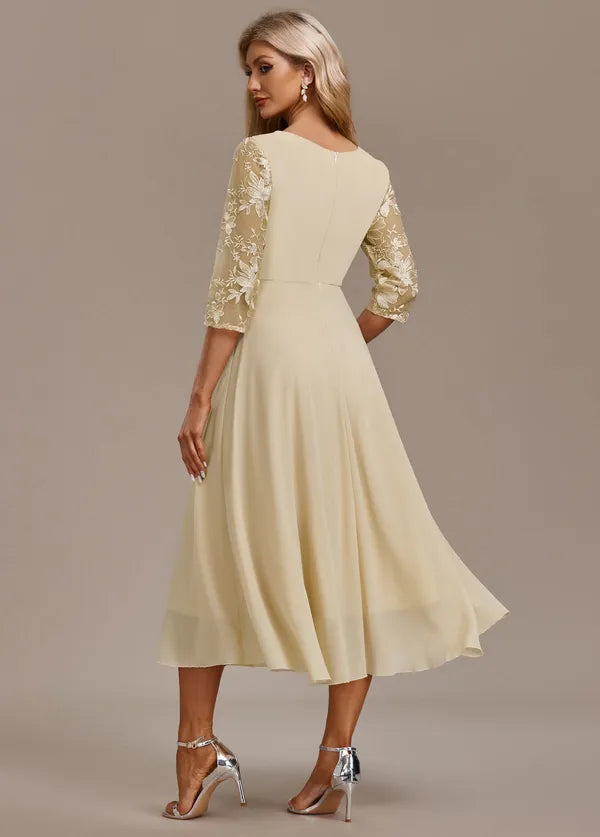 Bellamy Floral Embroidered 3/4 Sleeve Dress – Champagne