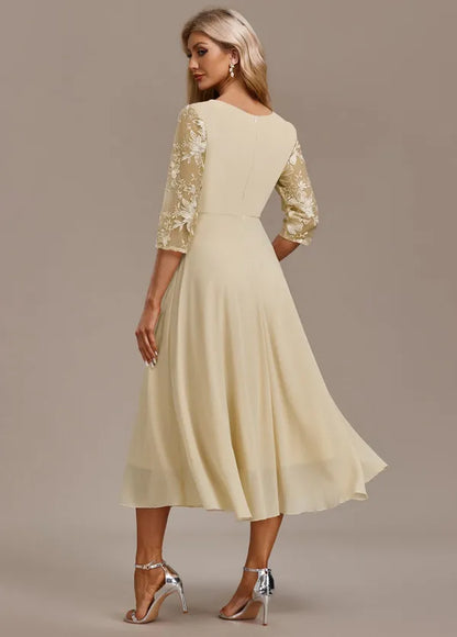 Bellamy Floral Embroidered 3/4 Sleeve Dress – Champagne