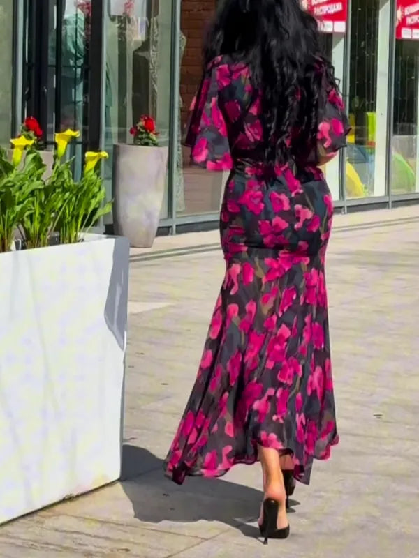 Ivora Retro Midi Dress – V-Neck & Trumpet Sleeves