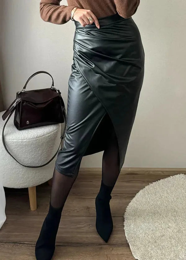 Maeve Premium Leather Midi Skirt with Front Slit