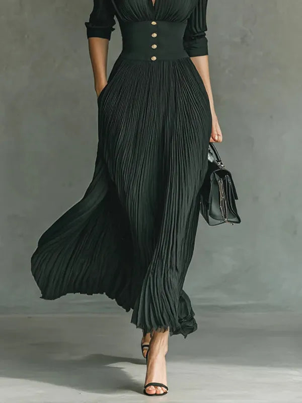 Celeste Pleated Lapel Belted Maxi Dress