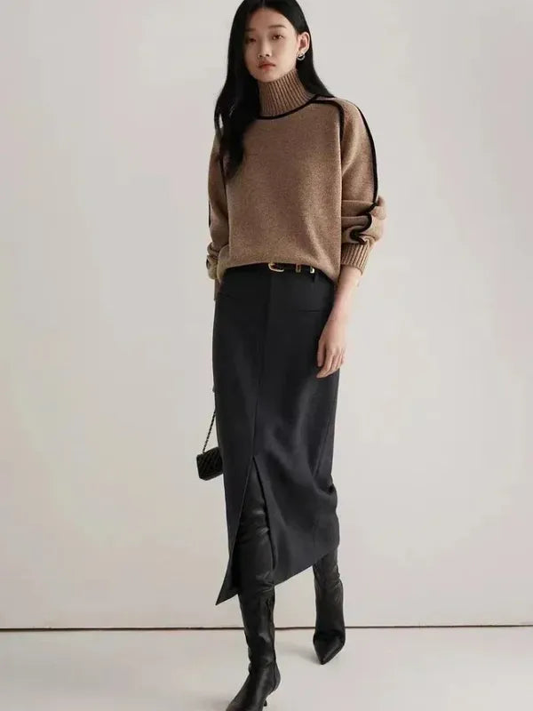 Elano Turtleneck Sweater – Contrast Seam Ribbed Knit