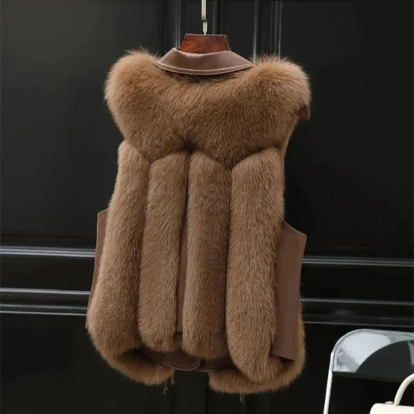 Lucia Faux Fur Vest – Leather Trim & Lapels