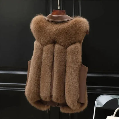 Lucia Faux Fur Vest – Leather Trim & Lapels