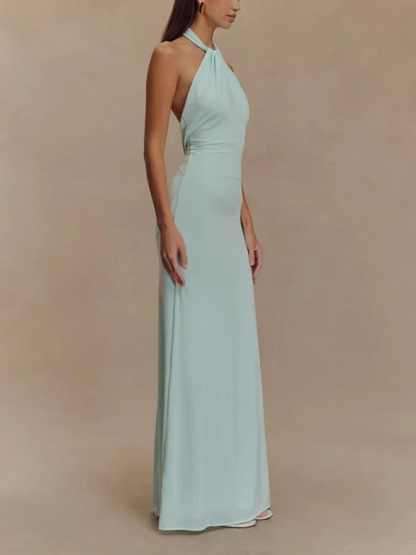 Solana Maxi Halter Dress – Ruched Open-Back Formal Gown