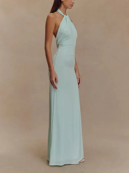 Solana Maxi Halter Dress – Ruched Open-Back Formal Gown