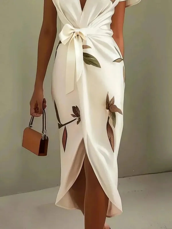 Callista Wrap Dress With Tie Belt – Leaf Print