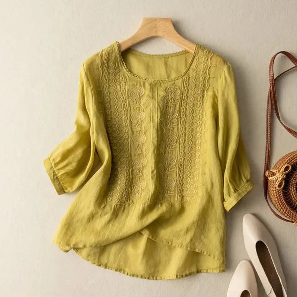 Elise Blouse – Embroidered Flowy Top with Cuffed Sleeves